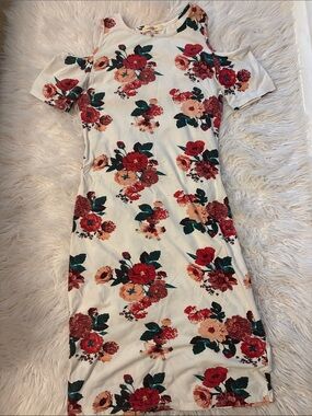 Wishful Park Cream Midi Dress with Red & Peach Floral Print